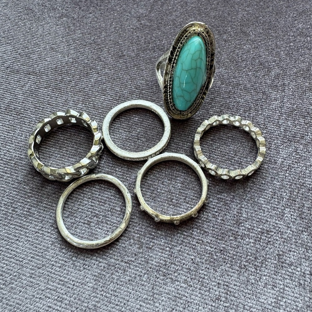 Turquoise Oval Statement Ring with Silver-Tone Stacking Sets
